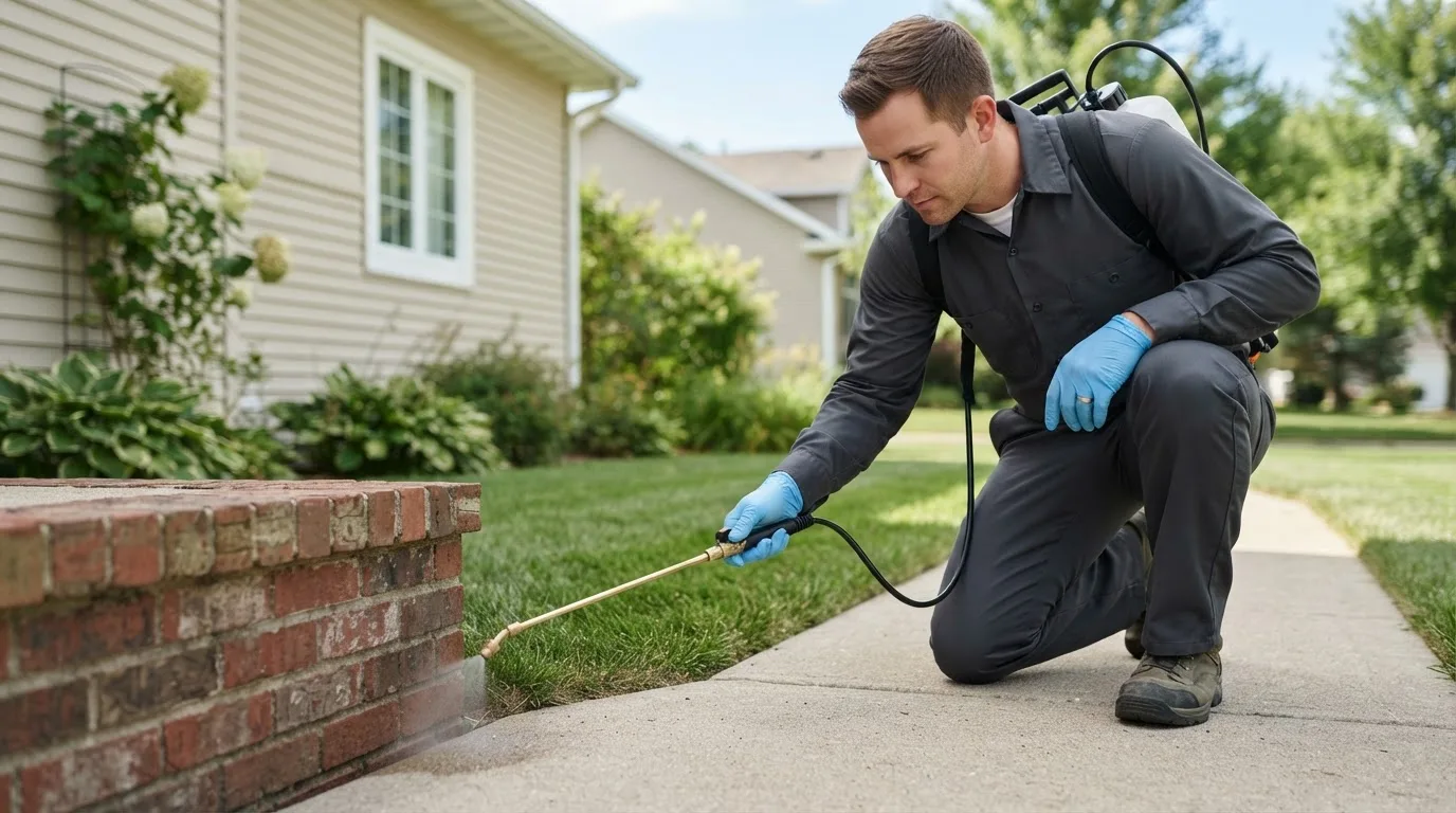 Pest control technician treating a home near Earlville, IL