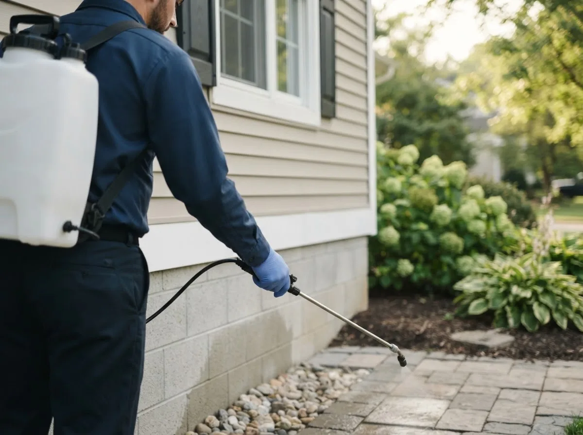 Pest control technician inspecting a home in Earlville, IL